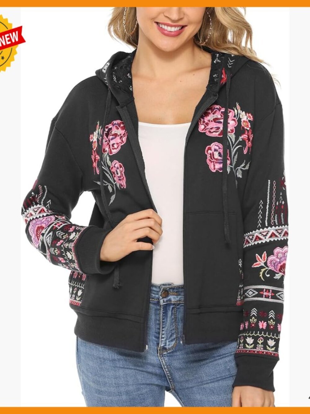 Bohemian Embroidered Jacket Long Sleeve Floral Zip Casual Coat